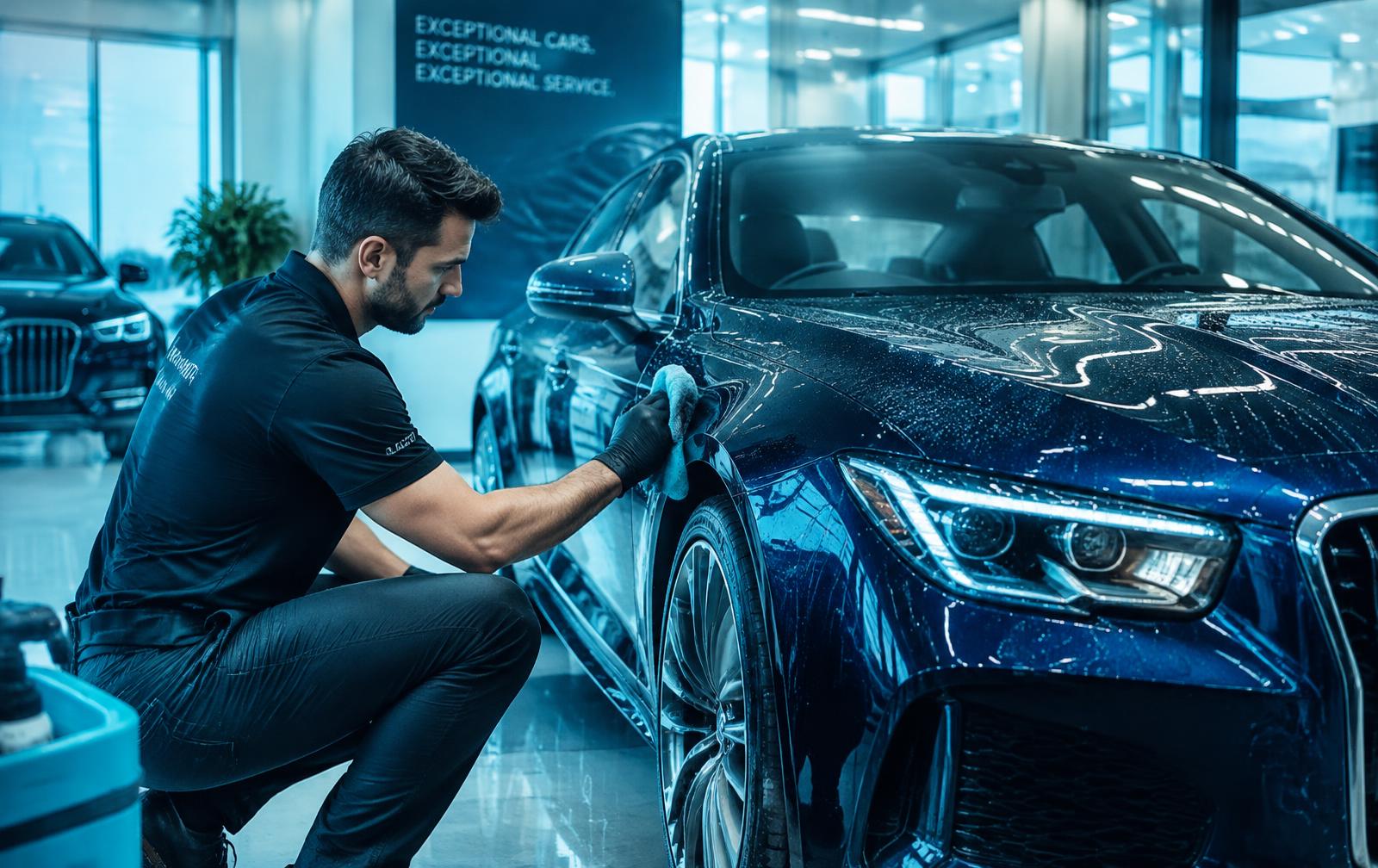 TIB valeter polishing a car in a dealership showroom
